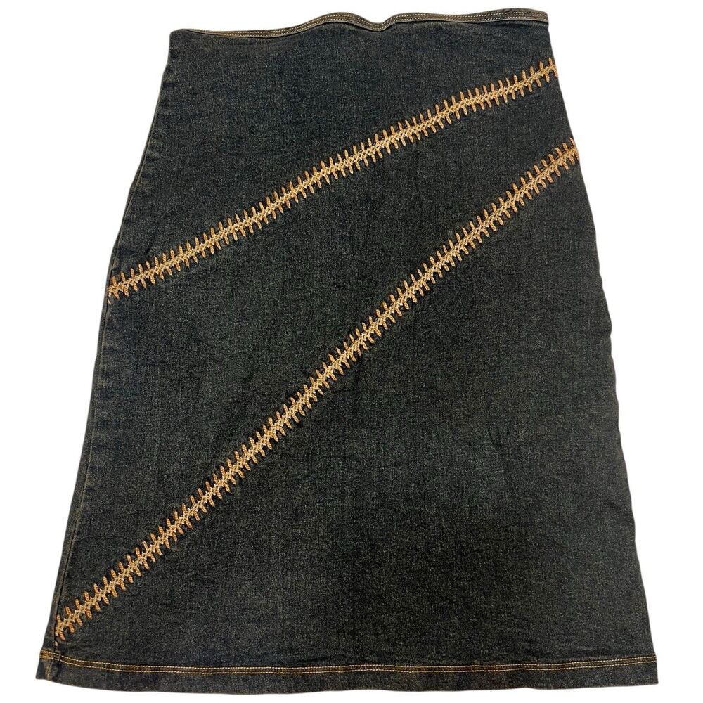 Y2K Denim Midi Skirt Small Fitted Boho Festival Bold Stitching Detail Jean Skirt - Picture 2 of 12